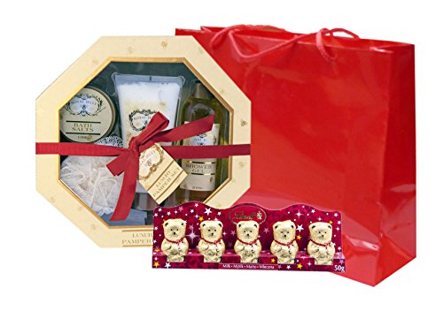 Royal Jelly Luxury Pamper Set with 5 x 10g Lindt Milk Chocolate Bears & Red Gift Bag