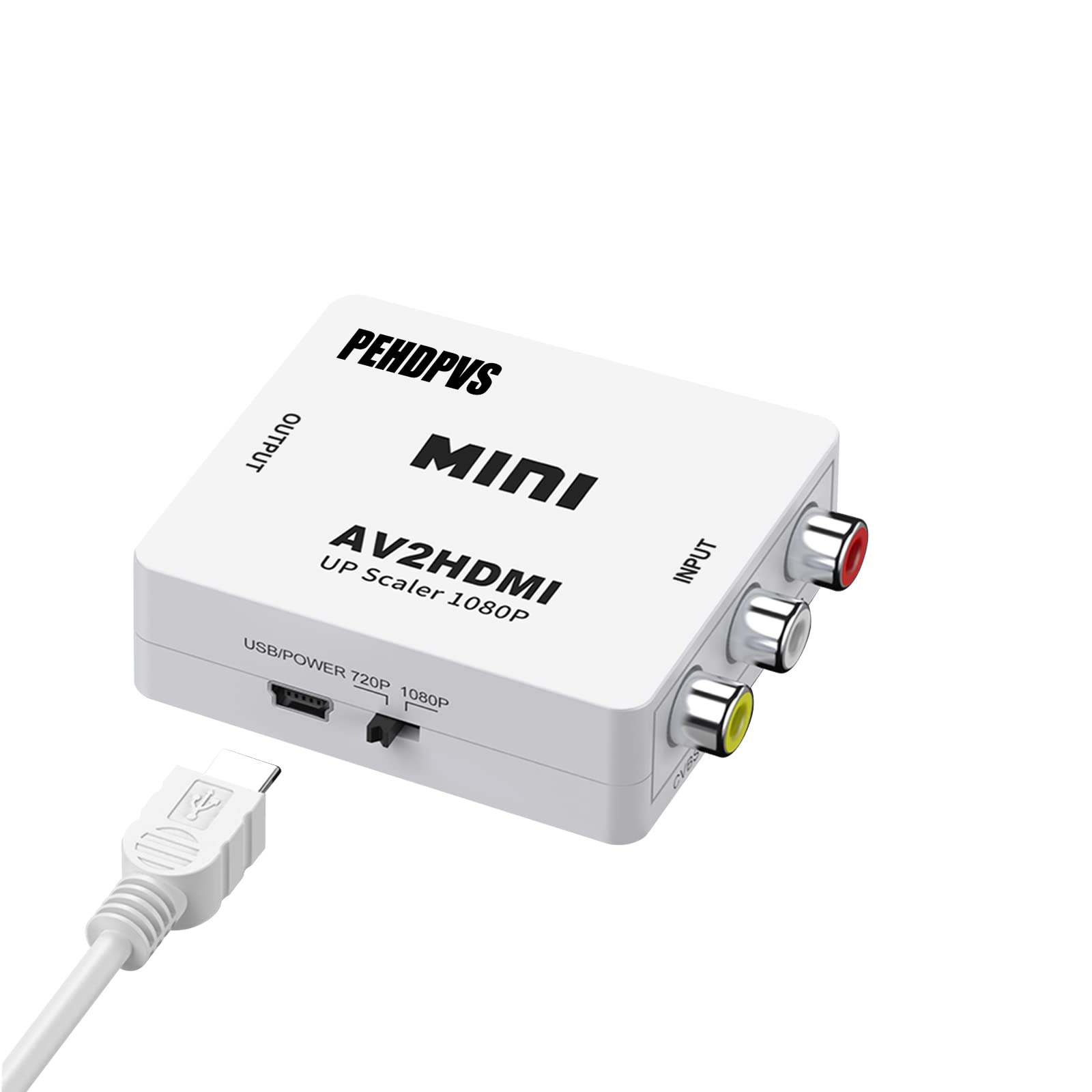 PEHDPVS RCA to HDMI Converter AV to HDMI Converter 1080P Mini RCA Composite CVBS Video Audio Converter Adapter Supporting PAL/NTSC for PC/TV/ PS3/ STB/Xbox VCR/VHS/Blue-Ray DVD Players （ White ）