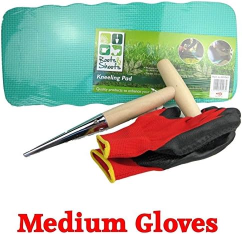 Gardening Set. Includes Breathable, Supergrip Gloves (Medium Size), Dibber and Kneeler / Knee / Kneeling Pad.
