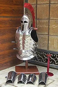 Silver Finish Roman Greek Muscle Body Armor Set with Helmet, Leg Guard, Arm Guard Medieval Costume W/Free Helmet Stand