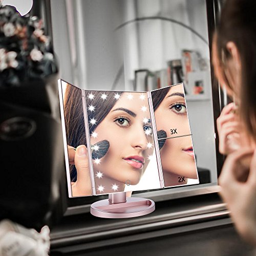 Easehold 1x 2x 3x ELander faltbar, beleuchtete Kosmetikspiegel mit Badezimmer Spiegel Eitelkeit Spiegel drei Panel 21Pcs Led Licht 180 Grad frei drehbare Arbeitsplatte Kosmetik Make-up-Spiegel (Rosen-Gold) - 7