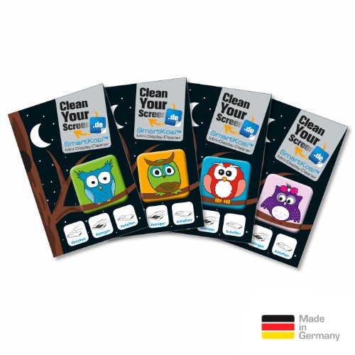 4er "Eulen"-Set selbsthaftende Display-Reinigungspads (Microfaserpad, SmartKosi, Mini-Display-Cleaner) für Smartphone, Tablets, iPhone, uvm.