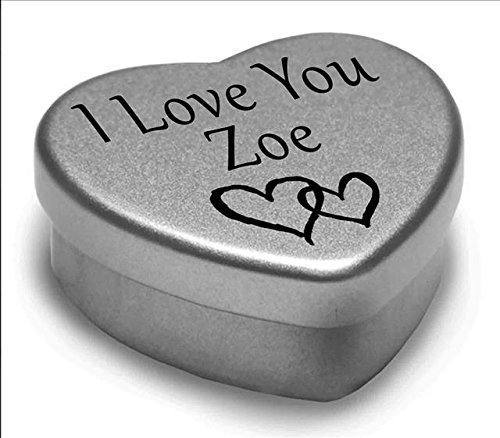 I Love You Zoe Mini heart shaped silver gift tin filled with mini chocolates. Great as a birthday present or a gift to show someone special how much you love them