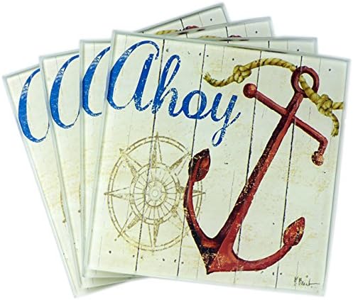 LSArts Ahoy Ship Anchor With Nautical Compass Glass Drink Coasters Set of 4