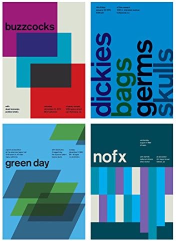 4 x Swissted Prints - Set 7 - Contemporary Minimalist Swiss Graphic Design. Buzzcocks, Dickies, Green Day, NOFX, Germs, Limited Edition Band art