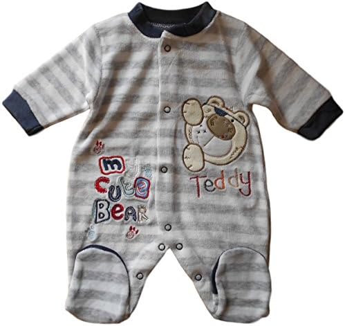 3-6 months - Baby Boys Striped Grey Blue Cute Teddy Bear Velour Sleepsuit