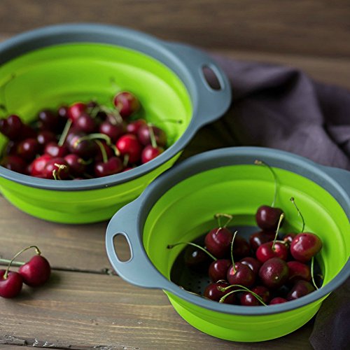 2 Stück Collappsible Colander Set, Silikon Faltbarer Seiher Abtropfsieb Home Küche Faltbar Silikon-Filter Utensil Set Gemüse Obstkorb (Grün+Grau) [Energieklasse A+] - 4