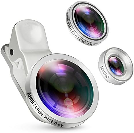 Amir 3 in 1 Clip on Camera Lens Kit Bundle of Fisheye Lens, Macro Lens, 0.4X Super Wide Angle Lens for Smartphones, Silver