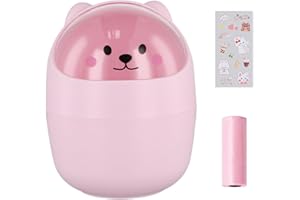 PTJJXA Bote de Basura de Escritorio, Portátil Mini Cubo de Basura de Mesa con Tapa Pequeño Desmontable, Mini Papelera Escritorio Infantil, Lindo Titular de la Pluma Plástico (Rosa+Pegatinas+Bolsa de basura)