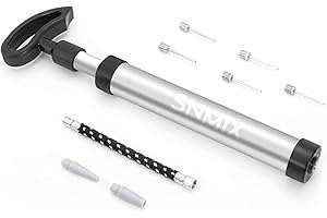 SNMIX Ball Pump with Needle, Nozzle and Extension Hose for Basketball, Football, Rugby Balls - Durable Aluminium-alloy Tube, Ergonomic Design, Fast Air Inflator, Silver