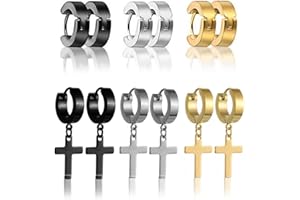 Clyhon 6 Pairs Stainless Steel Cross Earrings Hinge Rings Earrings Jewellery for Men and Women（Black, Gold, Silver）
