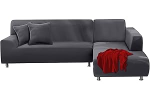 FIGOOO Housse de Canapé d'angle Extensible 2 Pièces Couverture de Canapé en Forme de L avec 2 Housses de Coussin Universel Lavable Protecteur Couvre de Canapé Convertible(2 Places+2 Places,Gris)