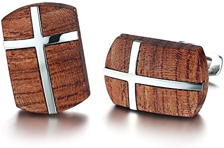 Men's Stainless Steel Koa Wood Cross Cufflinks High End Business Cuff Studs