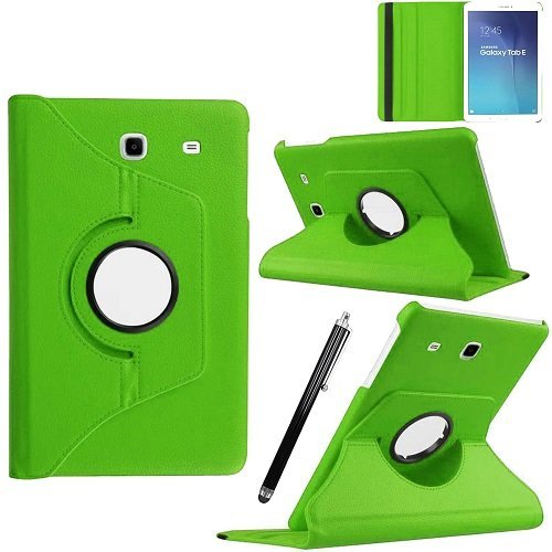 Zularix® - Grün 360 Drehbares PU Ledertasche Hülle Etui für Samsung Galaxy Tab E 9.6" Zoll für SM-T560 SM-T561 SM-T565 mit Ständerfunktion Auto Sleep/Wake-Funktion (mitgelieferte Displayschutzfolie & Stylus Pen)