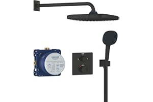 GROHE Precision - Sistema doccia da incasso con termostato per 2 uscite (valvola di intercettazione integrata, soffione 25 cm, doccetta a 2 getti, finitura quadrata), nero opaco, 348822430