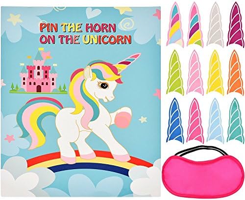 Pin The Horn On The Unicorn Party Game for Unicorn Themed Activities Set,12 Reusable Horns,Fabric Unicorn Poster,Blindfold Mask,Magical Rainbow Party Supplies,Fun Birthday Party Favors for Kids/Boy