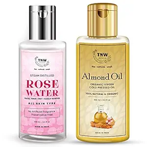 TNW-THE NATURAL WASH Steam Distilled Rose Water (100ml) and Virgin Cold Pressed Almond Oil (100ml) | All Natural, Alcohol-Free | Rose Water and Almond Oil for Healthy Skin | Combo pack