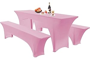 SHUOJIA Elastic Covers for Beer Tent Set, Beer Table Covers, Beer Bench Cushion & Tablecloth 50 cm or 70 cm Table Width, 3-Piece Set Stretch Covers for Marquee Sets, Beer Bench (70 cm, Pink)