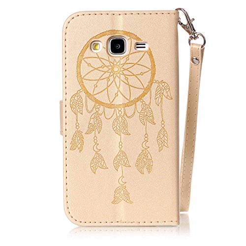 SKYXD für Samsung Galaxy J3 2016 J320FN Hülle Leder Traumfänger Blumen Drucken Muster,Brieftasche Klappbar Glitzer Strass PU Folio Schutzhülle [Kartenfach / Magnet / Standfunktion / Trageschlaufe] Inner Silikon Klapphülle mit [Handyanhänger + Eingabestift] 3 in 1 Zubehör Handy Tasche Etui for Samsung Galaxy J3 2016 J320FN Bookstyle Flip Case Leather Cover With [Stylus and Dust Plug]- Gold - 4
