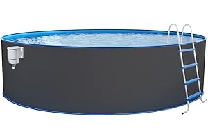 STEINBACH Stahlwandpool Set Nuovo – 011101G – Ø 350 x 120 cm – Runder Pool in Grau für bis zu 10.400 l Wasserinhalt – Mit winterfester Blauer Innenfolie und zahlreichem Zubehör