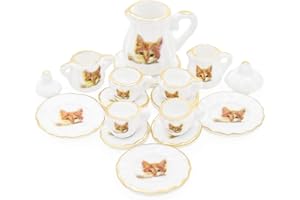 Odoria 1/12 Miniatura 15PZ Conjunto de Tazas de Té patrón de Gato Porcelana Cocina Accesorio para Casa de Muñecas