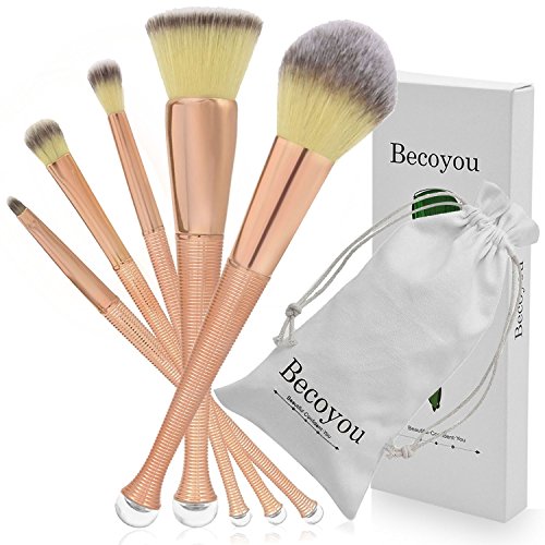 Becoyou Professional Makeup Brush Set 5Pcs Face Cosmetic Brushes Kit Mermaid Shape Brushes with Whorl Non-slip Handle for Powder Foundation Lip Blush Concealer Blending Eyeshadow Rose-gold