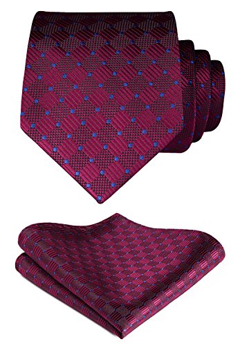 HISDERN extralarga Comprobar Panuelo de lazo Hombres Corbata & Plaza de bolsillo Conjunto Borgona/azul