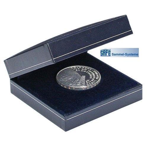 SAFE 7915 edle dunkelblaues Münzetui mit silberner Schmuckprägung auf dem Deckel für Münzen bis 55 mm oder bis Caps 49