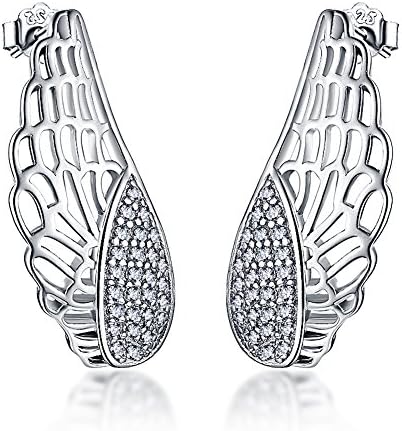 Viyino Women's 925 Sterling Silver Cubic Zirconia Featherd Angel Wings Stud Earrings (White)
