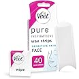 Veet Pure Cold Strips for Sensitive Facial Skin, 40 Count + 4 Finish Wipes, Root Hair Removal, 28-Day Smoothness, Hypoallergenic, Hot Kit Alternative (Packaging Varies)