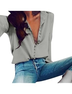 Damen Langarm Bluse,Beikoard Damen Casual Volltonfarbe Langarm Bluse Einzelne Taste Revers Schlank Hemd Tops mit...