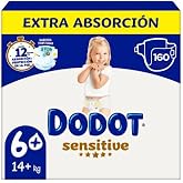 Dodot Sensitive Extra Absorption Size 6+ (+14 kg) Savings Pack 160 Nappies, Gentle Protection for Sensitive Skin