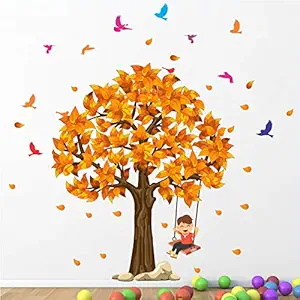 StickMe Kids and Tree - Birds - Autumn - Decorative - Creative - Colorful - Vinyl Animal themed Wall Sticker -SM748 (Multicolour - 120cm X 120 cm )