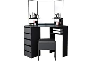 STOREINUK Corner Dressing Table Mirror Set Makeup Dresser Table with 5 Drawers and Stool Bedroom Dressing Desk Furniture (114 * 61 * 140cm)(Black)