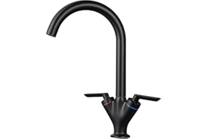 Black Kitchen Taps Hapilife Twin Lever Kitchen Mixer Tap Swivel Spout Modern Swan Dual Lever Kitchen Sink Tap Mixer Matt Black, DT03E
