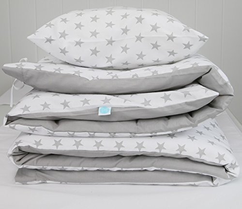 'LITTLE STARS' QUALITY BABY BEDDING, PURE COTTON, BABY BED, COT BED, CRIB BEDDING, DUVET AND PILLOWCASE COVER SET 150X120CM (WHITE AND GREY)