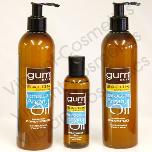 Gum Hair Salon Expertise with Moroccan Argan Oil Trio Set - Shampoo, Condtionr and Treatment Oil