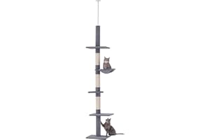 PawHut Arbre Chat du Sol au Plafond Poteau à griffer L40 x l 34 x H 230-260 cm 5 Niveaux d'activités Gris