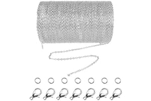 JERBRO Chaîne de maillons de 10 m en acier inoxydable avec 30 anneaux et 20 fermoirs mousquetons - Pour homme et femme - Pour créer des bijoux et des colliers - 1,5 mm blanc