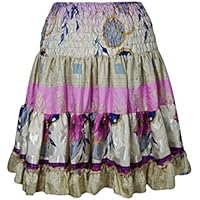 Mogul Interior Women's Pink Mini Skirt Recycle Silk Sari Skater Ruched Waist Flare Skirts OneSize