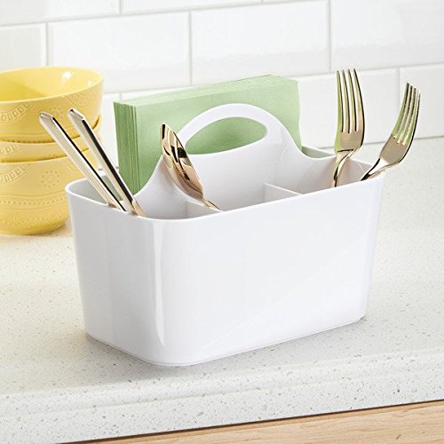 mDesign Besteckkorb – ideal zur Besteckaufbewahrung – inkl. vier Fächer und integrierten Griff zum Transport – nützlicher Besteckkasten und Küchen Organizer – Farbe: Weiß - 3