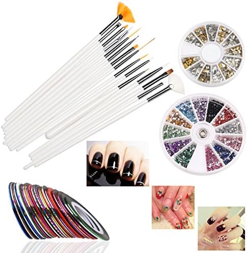 RUIMIO 30 Nail Tape, 15 Nail Brush, 12 Colors Nail Rhinestones, 3D Nail Art Gold / Silver Studs