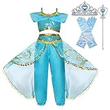 Gran disfraz de jazmín para niñas: impresionante disfraz de princesa Jasmine de Aladdin. Este atuendo incluye un hermoso top corto de danza del vientre con hombros descubiertos, un pantalón con banda elástica. Perfecto para tu pequeña niña que quiere ser una brillante y encantadora princesa Jasmine.