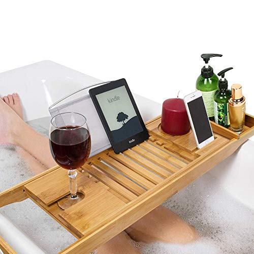 Unuber - Repisa para bañera (bambú, con Soporte para Copa de Vino y Bandeja para iPads, 71,5 x 23,6 x 6,4 cm)