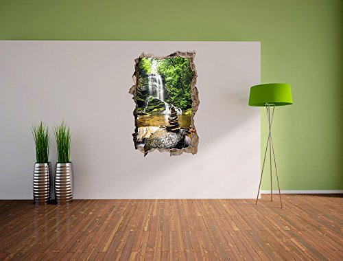 Zen Steine vor Wasserfall Wanddurchbruch im 3D-Look, Wand- oder Türaufkleber Format: 92x62cm, Wandsticker, Wandtattoo, Wanddekoration - 3