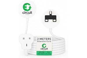 CIRCUIT GREEN Extension Cord 2M – Single Socket UK 3 Pin BS1363 Plug, 13A 3250W Fireproof White Indoor Extension Lead