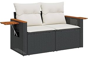 vidaXL Gartensofa mit Kissen 2-Sitzer, Sofa mit klappbaren Ablagen, Terrassensofa mit abnehmbarem waschbarem Bezug, Gartenmöbel Terrassenmöbel, Schwarz Poly Rattan