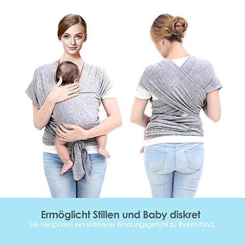 Amzdeal Baby Tragetuch Babytragetuch Bauchtrage Babytrage elastische Tragetuch Träger Baby Wrap Tragehilfe Baby Carrier Sling 5m bis 15kg belastbar(Schwarz/Grau) - 6