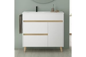 AMIZUVA - Conjunto de Mueble de Baño Kaori con 2 cajones y 1 Puerta - Anchura 90 cm - Incluye Lavabo Cerámico - Lavabo para Baño con Acabado Blanco Brillo - Mueble Lavabo 90x85,5x46 cm