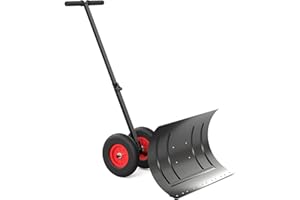 PORTOALEGRE Schneeschaufel mit Rädern, rückenschonender Schneeschieber auf Rädern mit 5-Fach Höhenverstellung, zusammenklappbares Metall-Schneeschild für Garten, Gehwege und Auffahrten (74x42 cm)